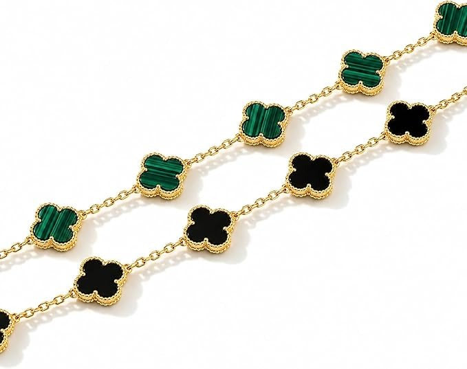 Clover and Flower Pendant Bracelet Set, Gold-Tone Chain, Blue and White, Delicate Luxury Women's Jewellery, 2 Pieces (Green & Black)