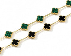 Clover and Flower Pendant Bracelet Set, Gold-Tone Chain, Blue and White, Delicate Luxury Women's Jewellery, 2 Pieces (Green & Black)