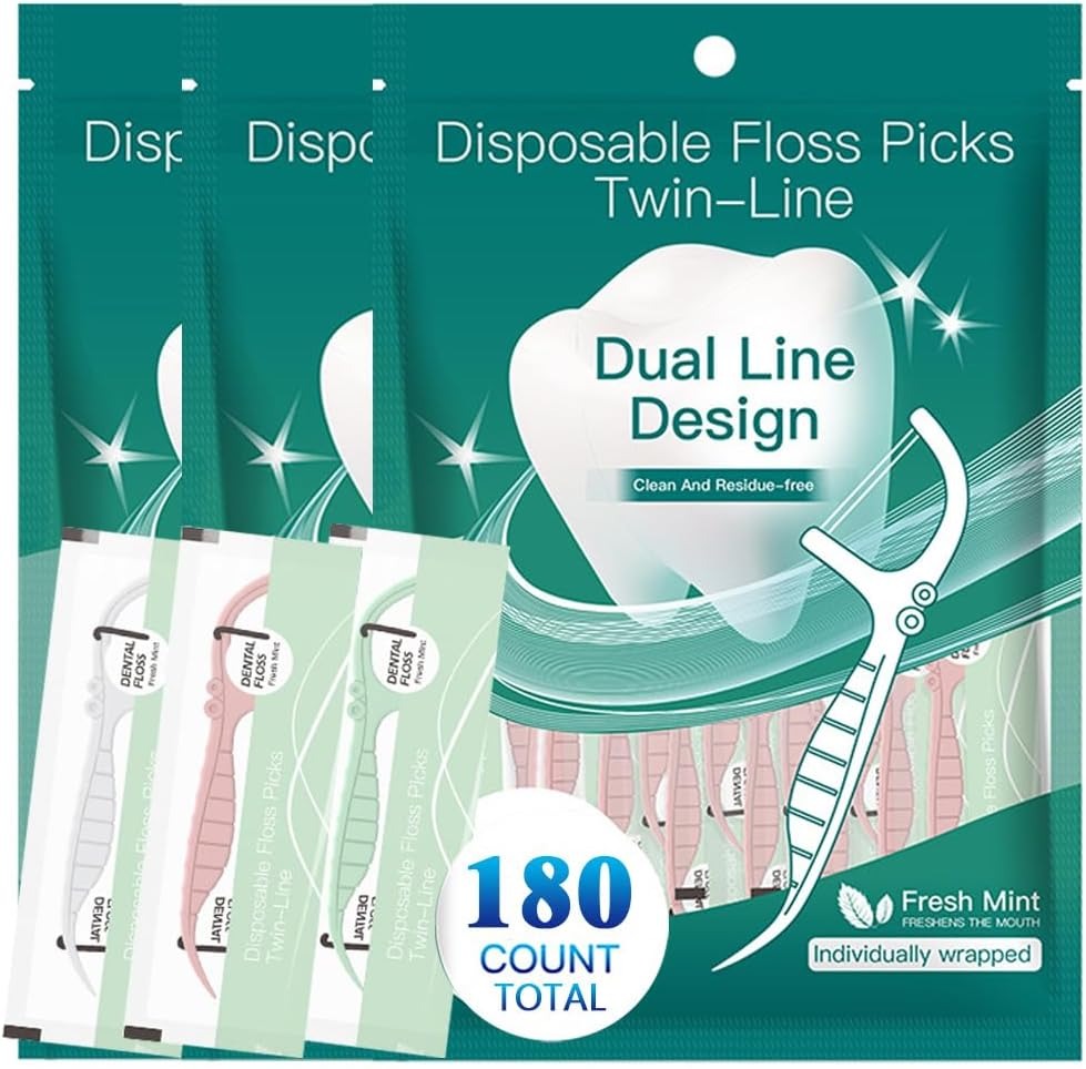 Dental Flosser Sticks Set, 180-Count Disposable Flossers Individually wrapped, mint-flavored dual-strand floss combined with toothpick Portable flosser sticks for cleaning teeth（3/colors）