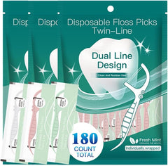 Dental Flosser Sticks Set, 180-Count Disposable Flossers Individually wrapped, mint-flavored dual-strand floss combined with toothpick Portable flosser sticks for cleaning teeth（3/colors）