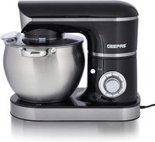 Black stand mixer with stainless steel mixing bowl and speed control dial