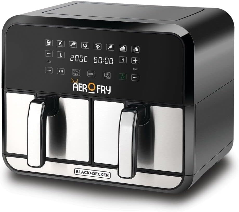 Black+Decker dual-zone air fryer with digital display and two pull-out baskets