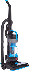 Upright vacuum cleaner with black and blue body, hose, and wheel base