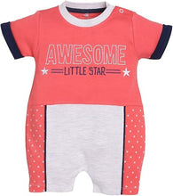 Coral baby boy cotton half-sleeve romper with navy cuffs and front "Awesome Little Star" print