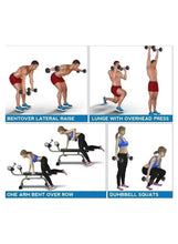 Black hex dumbbells shown during multiple exercise moves