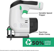 Black+Decker cordless jigsaw showing variable speed trigger and tool-free blade clamp