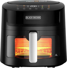 Black digital air fryer with viewing window and cool-touch handle, 7.2L capacity