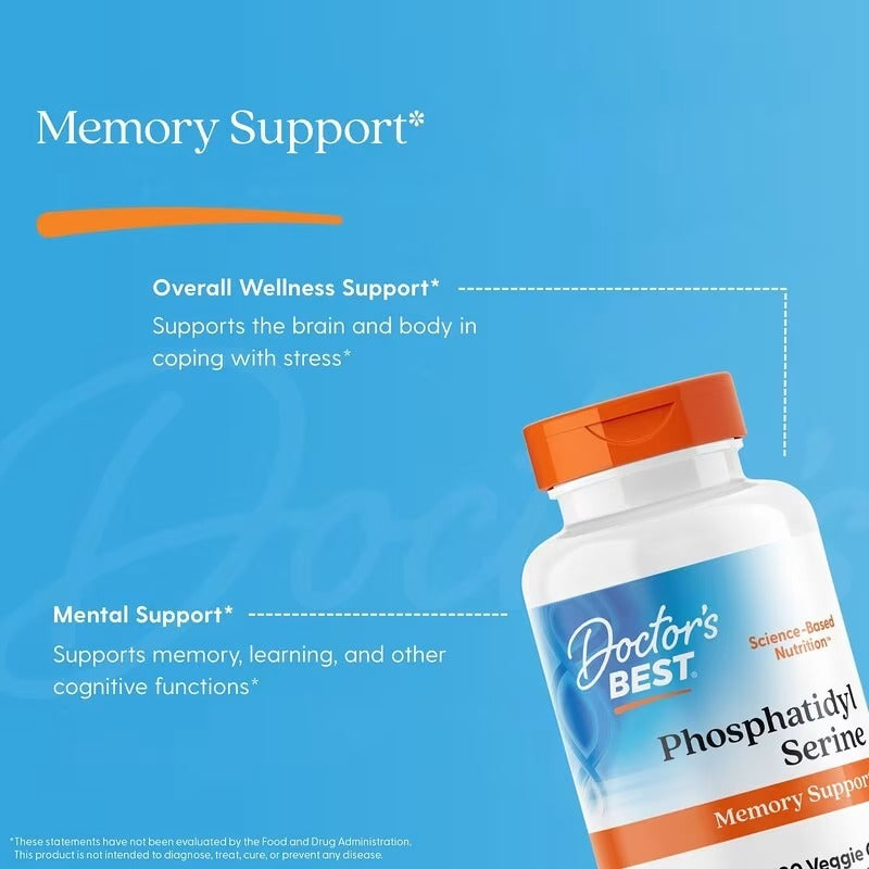 Phosphatidyl Serine supplement bottle with orange cap, Memory Support label