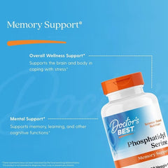 Phosphatidyl Serine supplement bottle with orange cap, Memory Support label