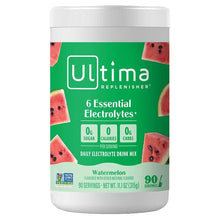 Watermelon flavored electrolyte drink mix tub with green label and white lid