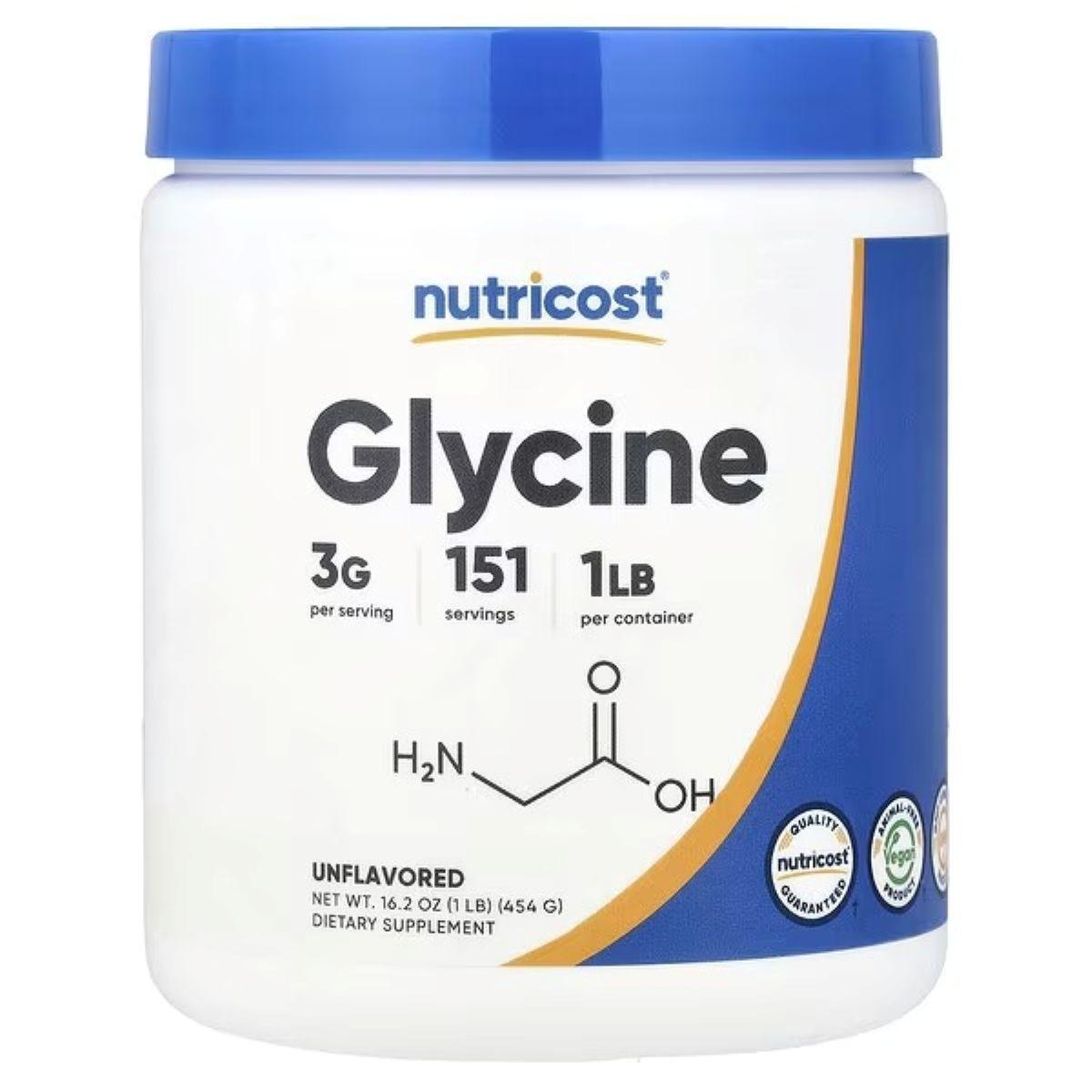 Nutricost glycine supplement jar, unflavored, blue-and-white plastic bottle