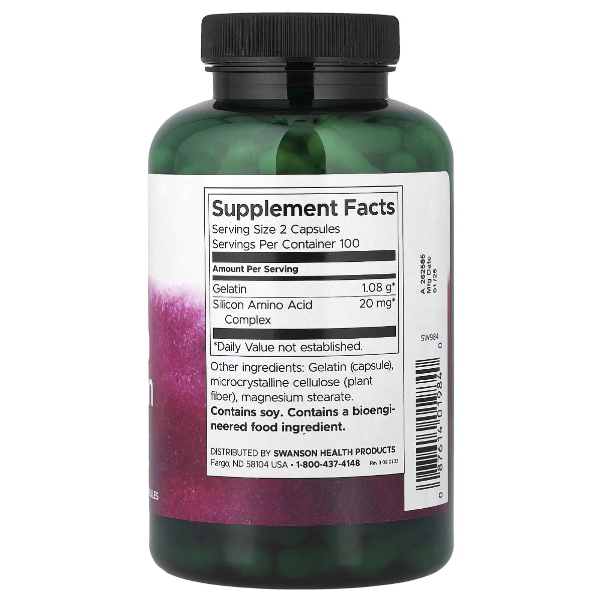 Swanson Gelatin & Silicon dietary supplement bottle, black cap, Supplement Facts label