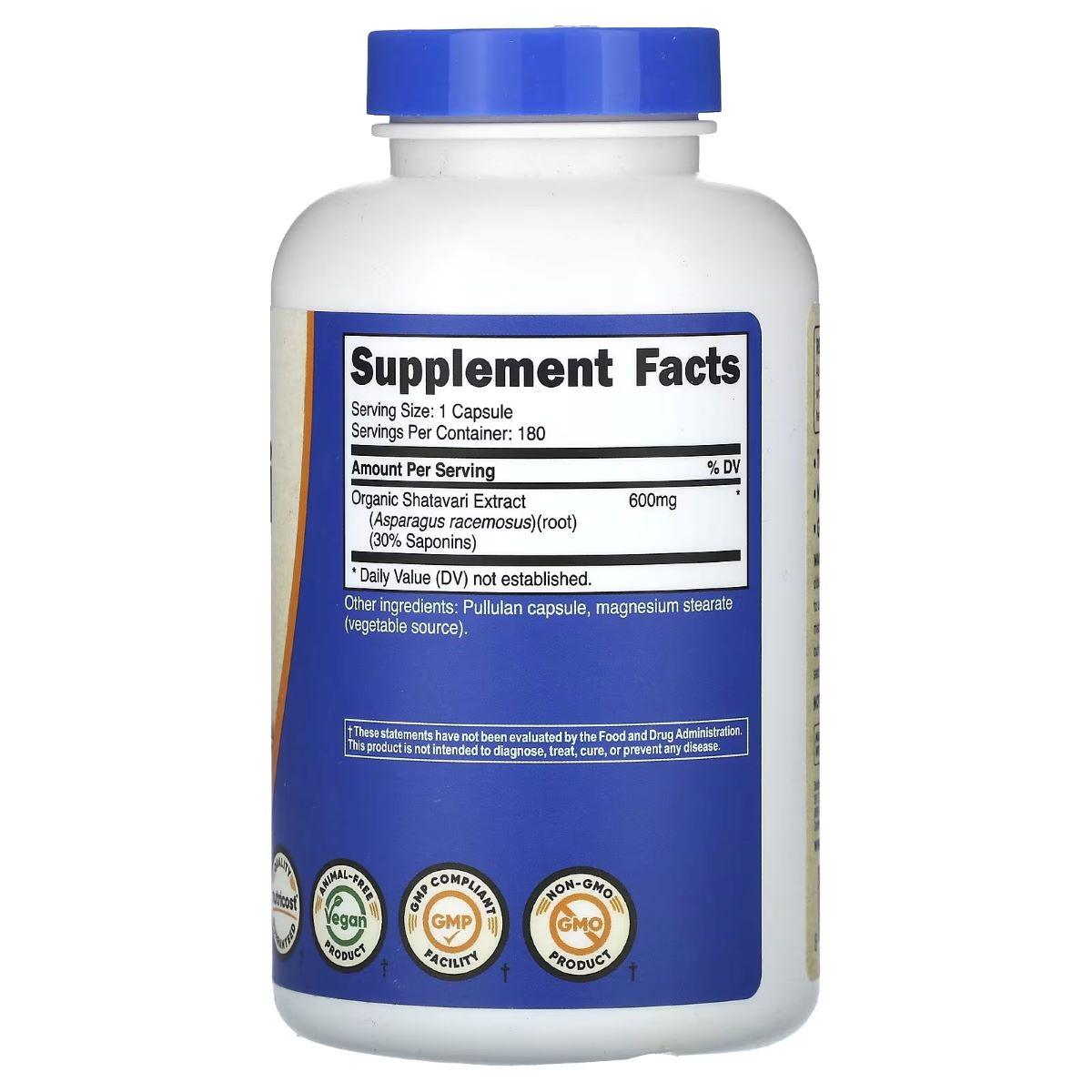 Nutricost Shatavari supplement bottle back with Supplement Facts panel