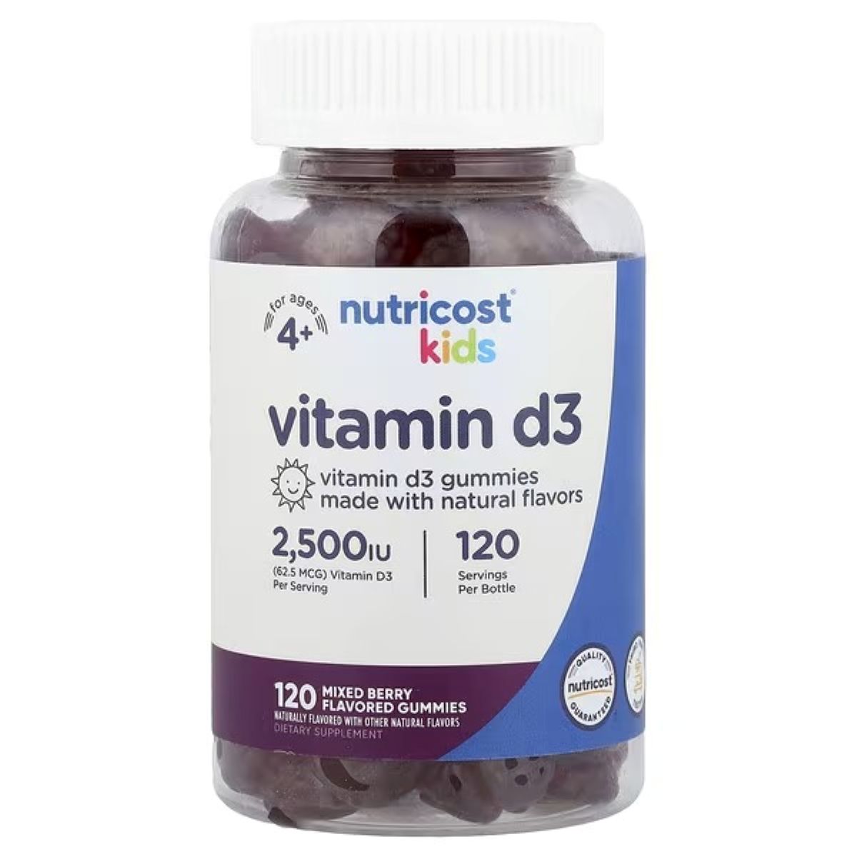 Nutricost Kids Vitamin D3 Gummies for Ages 4+ – Mixed Berry Flavor, 62.5 mcg (2,500 IU), 120 Gummies