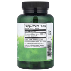 Beef liver supplement bottle with Supplement Facts label and dark green capsules