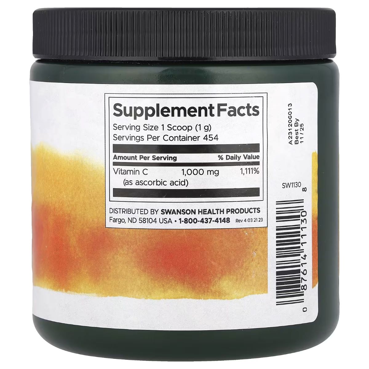 Swanson vitamin C powder supplement jar with Supplement Facts label on white panel
