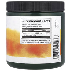 Swanson vitamin C powder supplement jar with Supplement Facts label on white panel