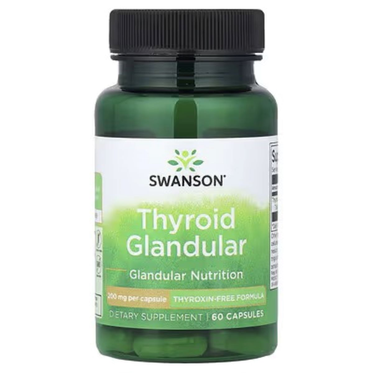 Swanson Thyroid Glandular dietary supplement bottle with green front label and black cap