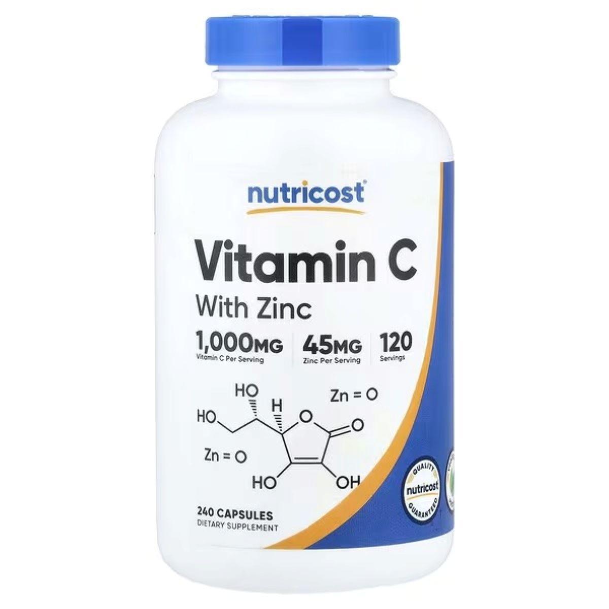 Vitamin C with zinc supplement bottle, white with blue cap, front label with dosage info