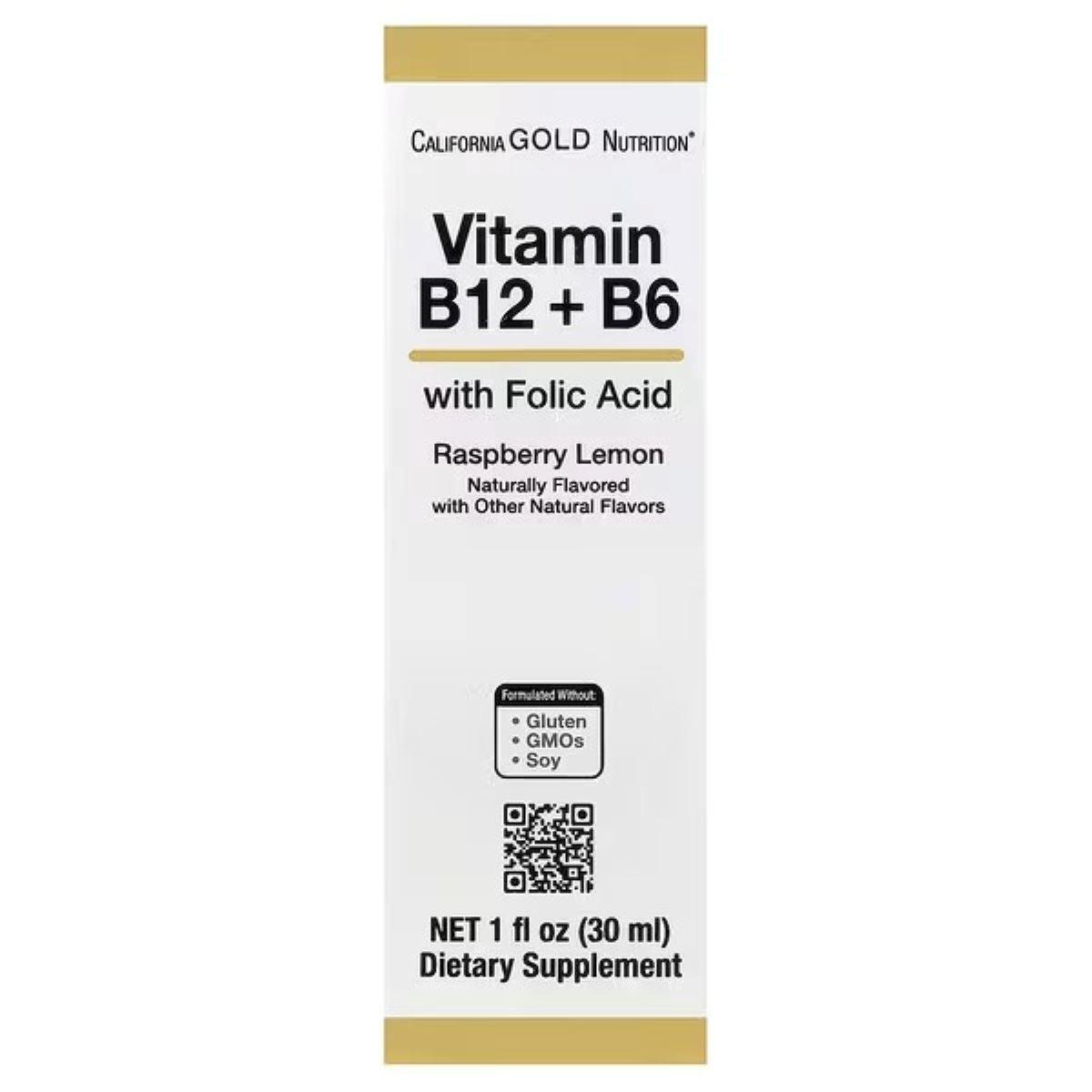 California Gold Nutrition Vitamin B12 (Cyanocobalamin) with Vitamin B6 & Folic Acid – Raspberry Lemon Liquid Drops, 30 ml (1 fl oz)