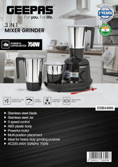 Geepas 3 in 1 Mixer Grinder, 750W Powerful Grinder, GSB44086 Stainless Steel Jars & Blades 3 Speed, Safety Twist Lock Perfect for Dry & Wet Fine Grinding, Black