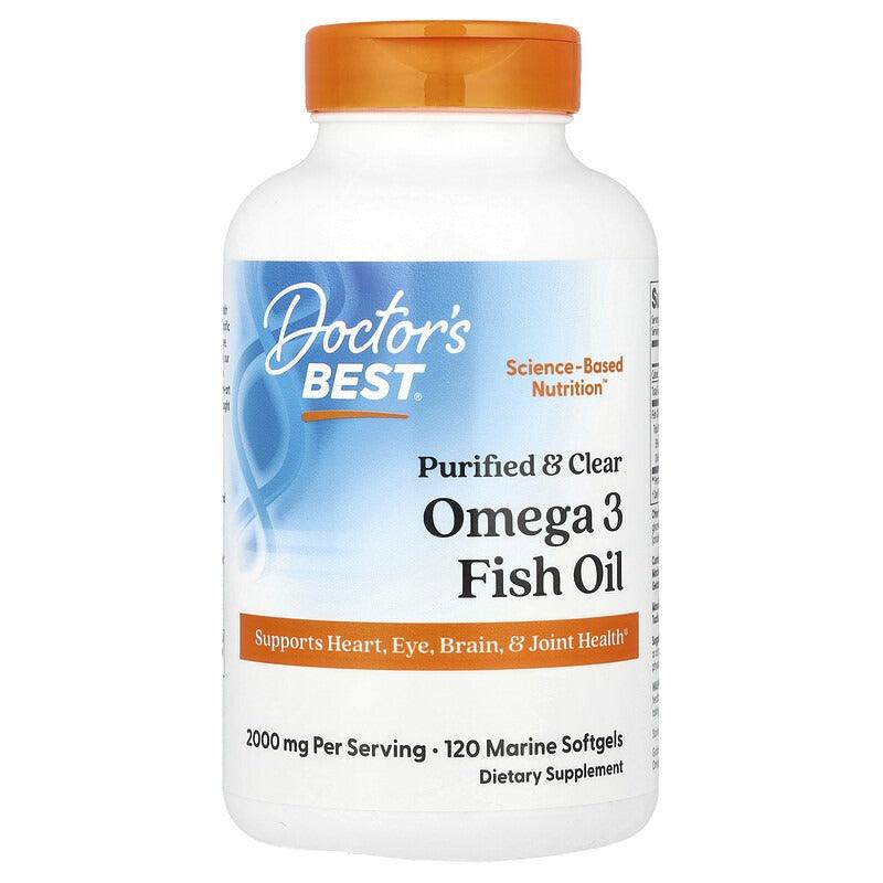 Omega 3 fish oil supplement bottle with orange cap, purified & clear label