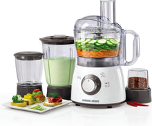 BLACK+DECKER food processor set with blender jug, attachments, and control dial