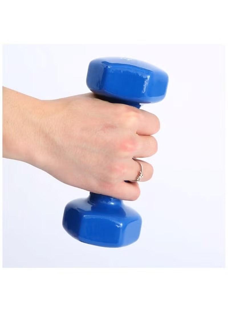 Blue neoprene dumbbell held in hand, padded hex shape for training