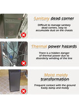 Retractable base stand warning panel with red X icons for sanitation and heat