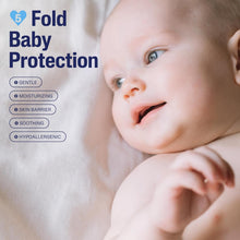 Fold Baby Protection infant on blanket, gentle moisturizing skin barrier benefits text