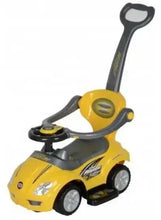 Yellow kids ride-on push car with gray handle and steering wheel, side view