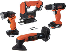 Black+Decker Gopak 4-tool combo kit with orange/black power tools, including drill