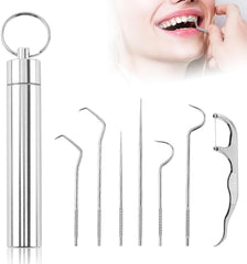 BIGTHREE Stainless Steel Toothpick Set, Portable Dental Cleaning Kit, Reusable Metal Toothpick with Holder, Multipurpose Dental Picks for Teeth Cleaning for Traveling Picnic Camping (7 PCS)