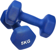 Blue neoprene dumbbells, 5KG each, textured grip.