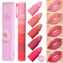 Peach pink velvet matte lipstick set with lip swatches and shade 02