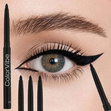 Black waterproof eyeliner pencil with fine tip, used to create a winged line