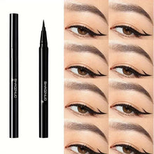 Black liquid eyeliner pens with winged eye looks shown in four-panel grid