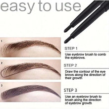 Black eyeliner pencil and step-by-step application panel with eyebrow strokes