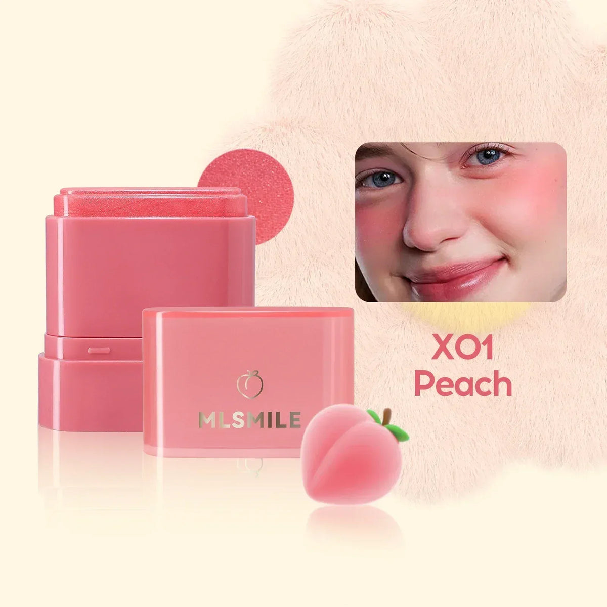 Peach-pink blush and lip color sticks with cheek and lip application close-up