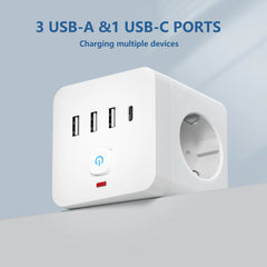 7-in-1 EU Power Strip, Power Strip Surge Protector 3 AC Outlets 3 USB 1 Type-C, Desktop Charging Station With Overload Protecti