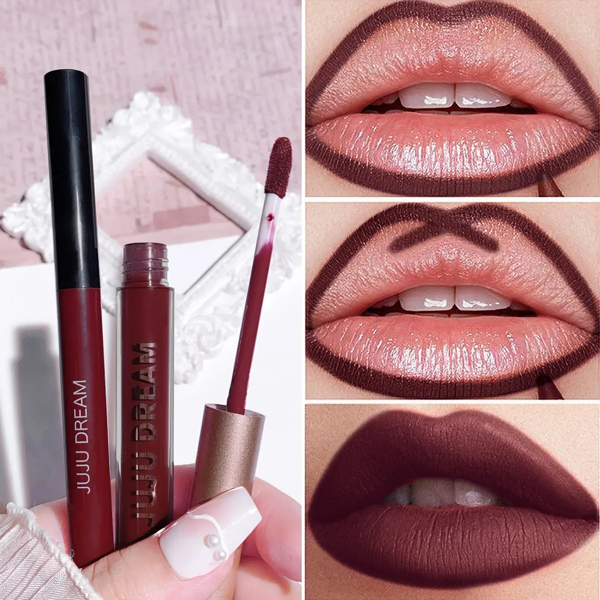 Matte lip liner and lipstick pencil set with deep maroon shades; lip swatch on lips