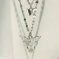 Double Layered Butterfly and Lock Pendant Necklace - Silver