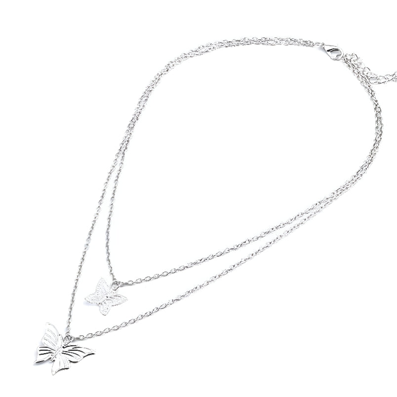 Double Layered Butterfly and Lock Pendant Necklace - Silver