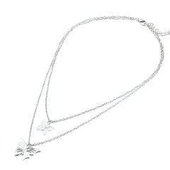 Double Layered Butterfly and Lock Pendant Necklace - Silver