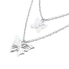 Double Layered Butterfly and Lock Pendant Necklace - Silver