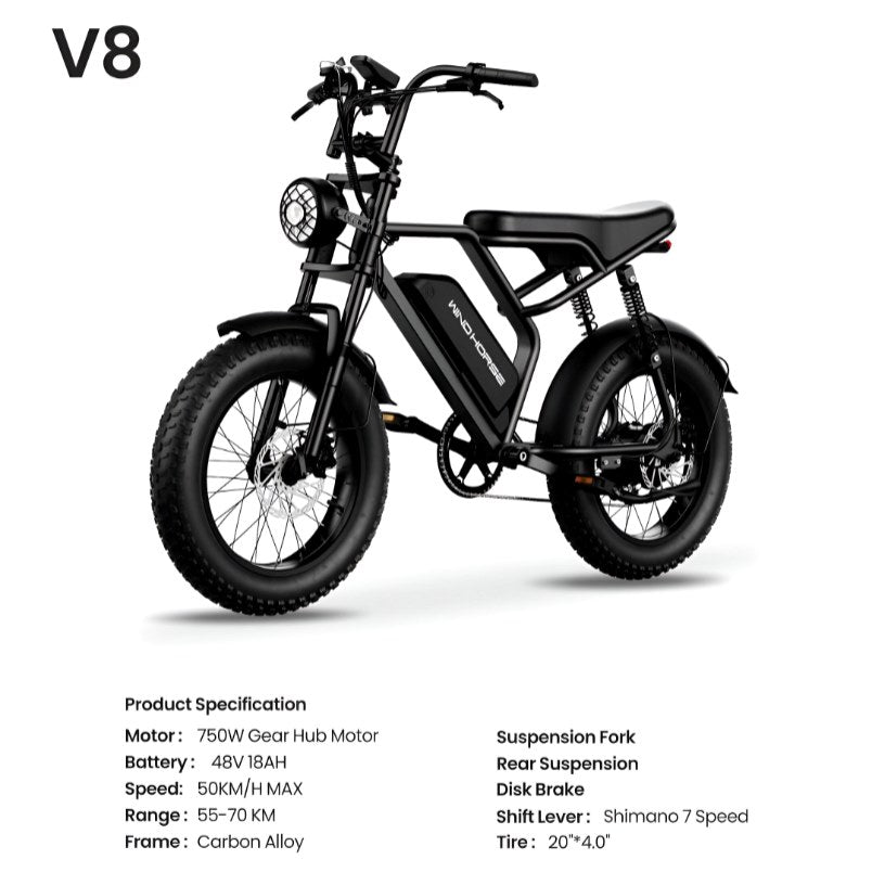 Electric Bicycle V8 – 750W Motor, 48V Battery, 50km/h Speed, Shimano 7-Speed