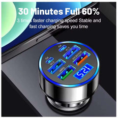 100W 6-Port Fast Car Charger – PD & QC3.0 USB Type-C Adapter