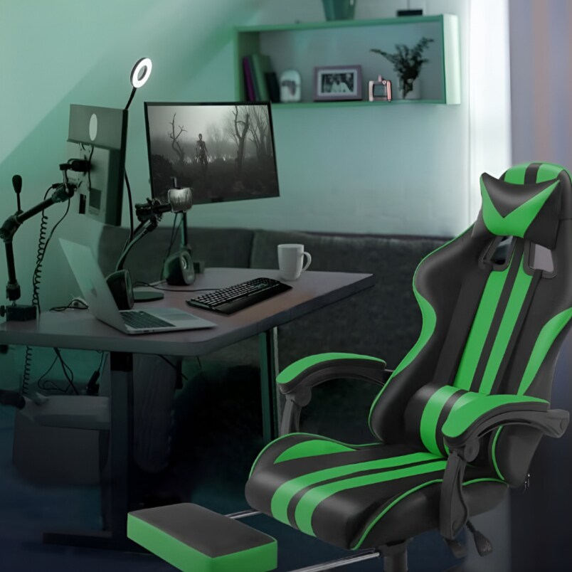 Gaming Chair Heavy Duty Office Throne with Headrest, Armrest, and Footrest - Green