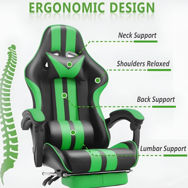 Gaming Chair Heavy Duty Office Throne with Headrest, Armrest, and Footrest - Green