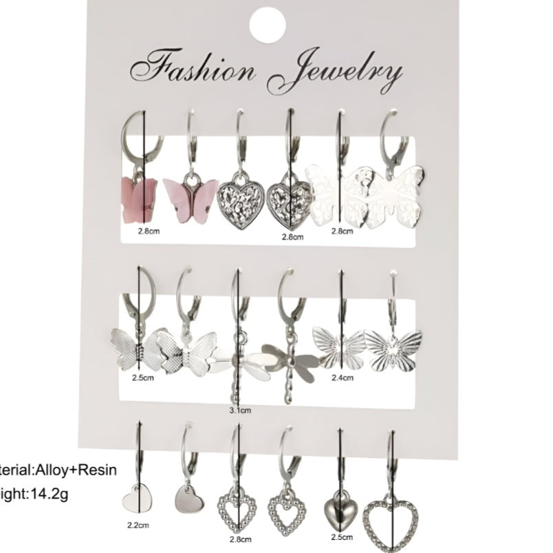 Gold Tone Dangle Earrings Set - 10 Pairs with Butterfly & Heart Motifs